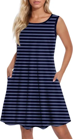 Womens Summer Dresses Loose Round Neck Sleeveless Sundresses Dress with Pockets