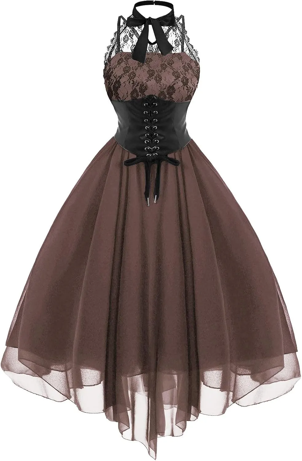 Womens Summer Fall Sexy Dress Vintage Goth Lace Chiffon Formal Gowns Evening Sleeveless Crewneck Long Dress for Women
