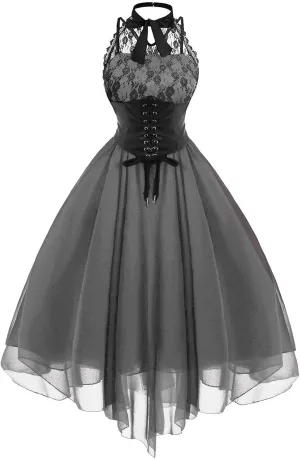 Womens Summer Fall Sexy Dress Vintage Goth Lace Chiffon Formal Gowns Evening Sleeveless Crewneck Long Dress for Women