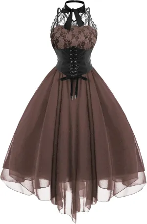 Womens Summer Fall Sexy Dress Vintage Goth Lace Chiffon Formal Gowns Evening Sleeveless Crewneck Long Dress for Women