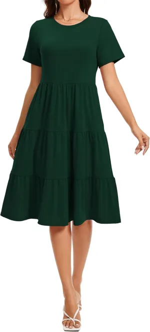 Womens Summer Short Sleeve Crew Neck Midi Dress 2025 Casual Fit Flowy Tiered Beach Vacation Sundress with Pockets