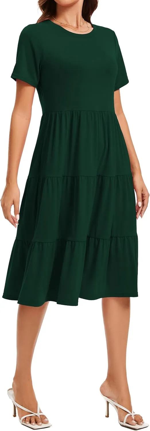 Womens Summer Short Sleeve Crew Neck Midi Dress 2025 Casual Fit Flowy Tiered Beach Vacation Sundress with Pockets