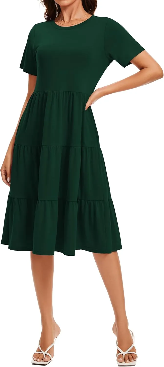 Womens Summer Short Sleeve Crew Neck Midi Dress 2025 Casual Fit Flowy Tiered Beach Vacation Sundress with Pockets