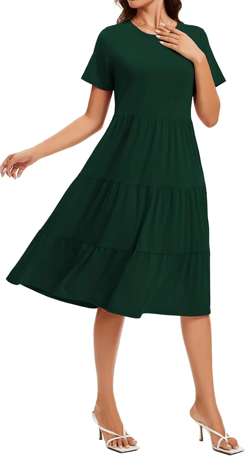 Womens Summer Short Sleeve Crew Neck Midi Dress 2025 Casual Fit Flowy Tiered Beach Vacation Sundress with Pockets