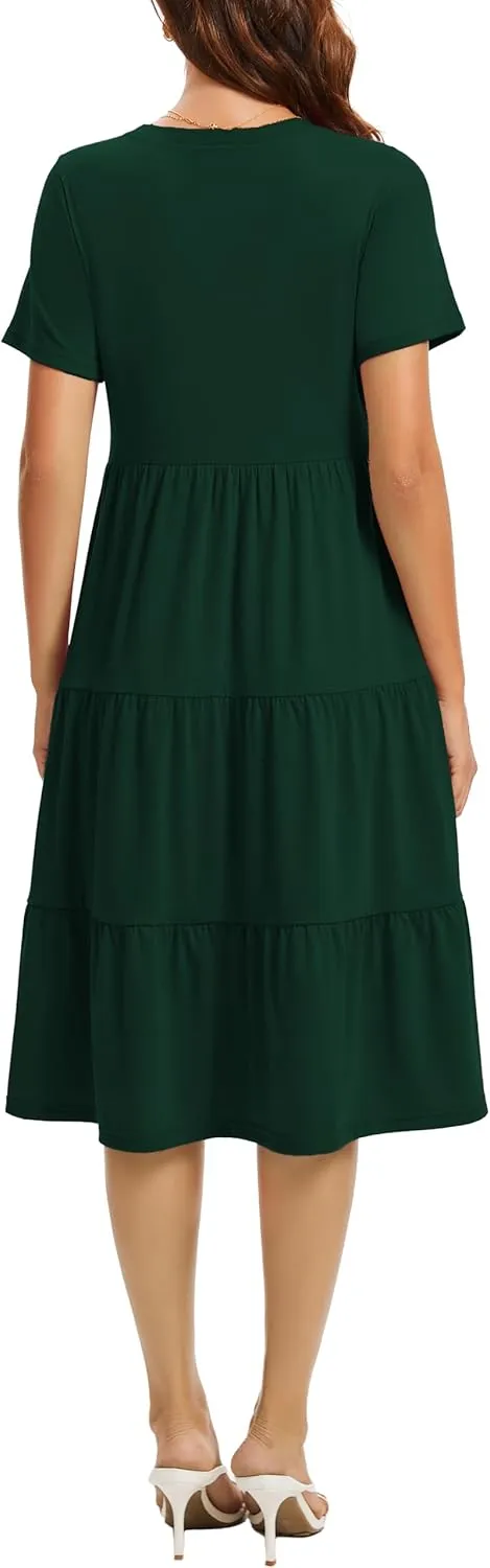 Womens Summer Short Sleeve Crew Neck Midi Dress 2025 Casual Fit Flowy Tiered Beach Vacation Sundress with Pockets