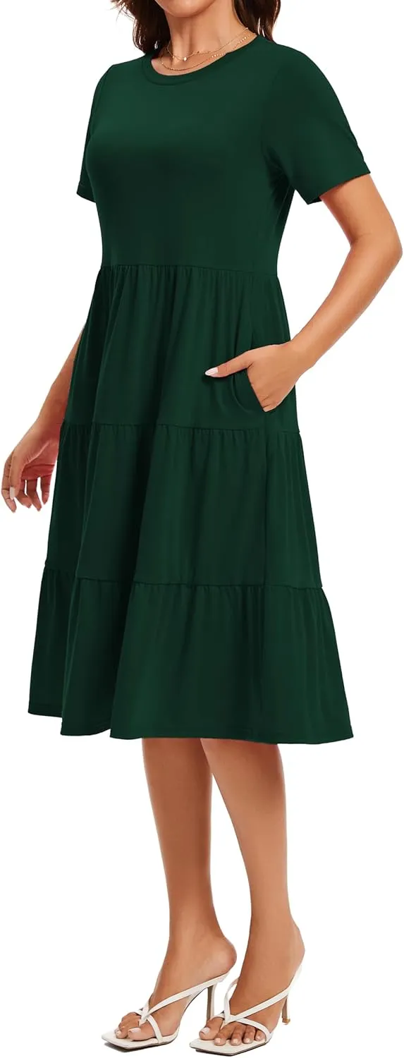 Womens Summer Short Sleeve Crew Neck Midi Dress 2025 Casual Fit Flowy Tiered Beach Vacation Sundress with Pockets