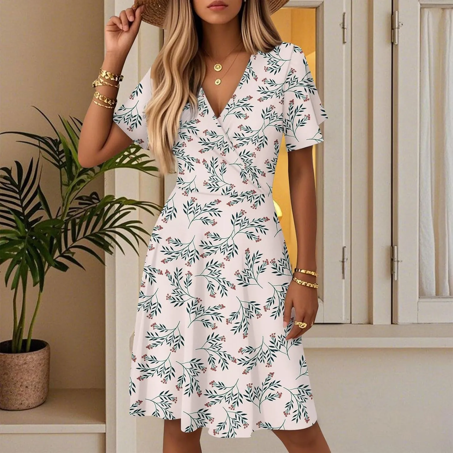 Womens Sundress Summer Casual Swing Floral Short Sleeve Beach Vacation Dresses Wrap V Neck A-Line Midi Dress 2025