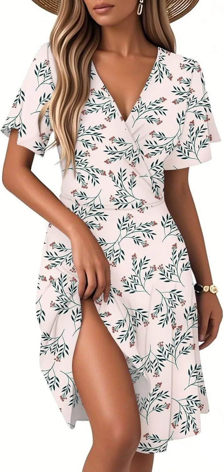 Womens Sundress Summer Casual Swing Floral Short Sleeve Beach Vacation Dresses Wrap V Neck A-Line Midi Dress 2025