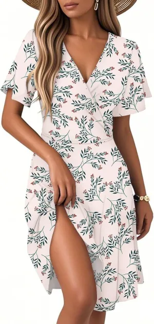Womens Sundress Summer Casual Swing Floral Short Sleeve Beach Vacation Dresses Wrap V Neck A-Line Midi Dress 2025