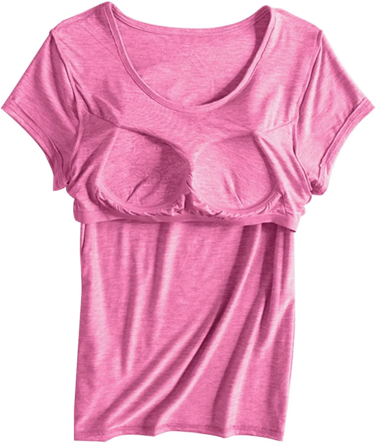 Womens T Shirts with Built in Bras Padded Short Sleeve Tops Crew Neck Wireless Shelf Bra Shirts Casual Workout Tops
