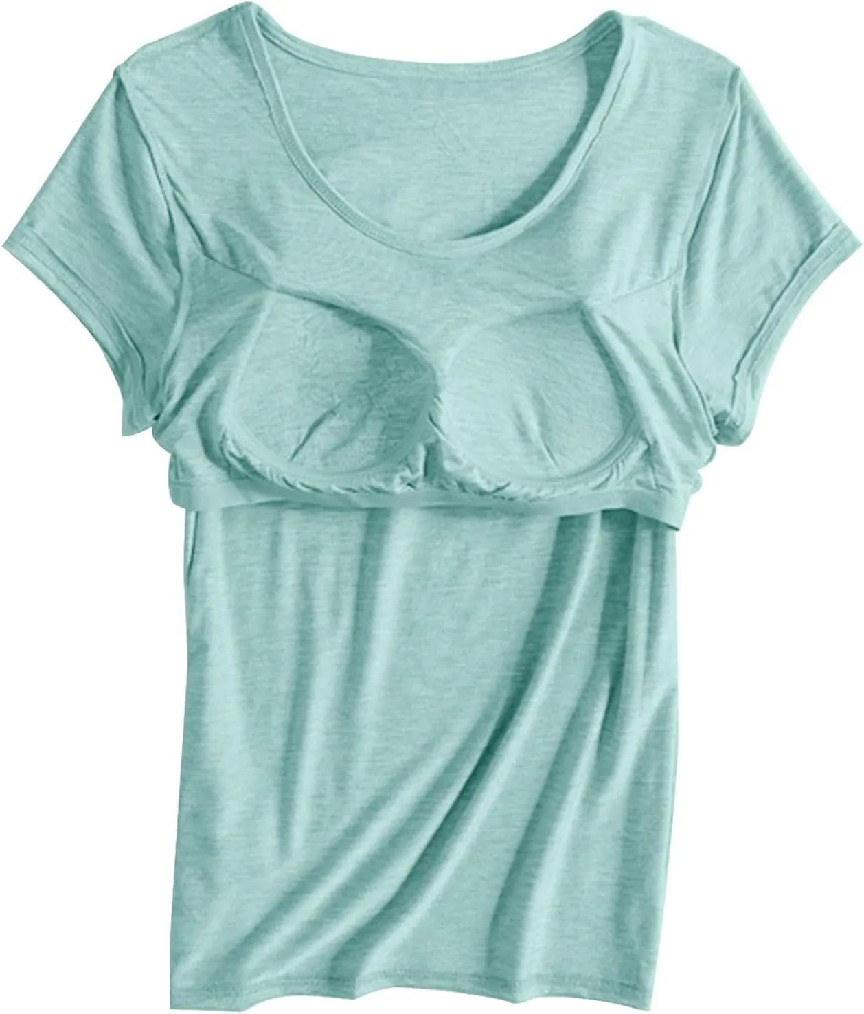 Womens T Shirts with Built in Bras Padded Short Sleeve Tops Crew Neck Wireless Shelf Bra Shirts Casual Workout Tops