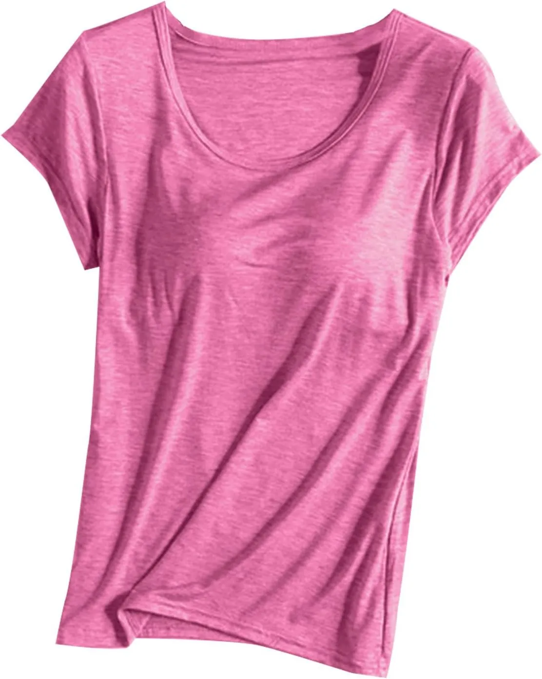 Womens T Shirts with Built in Bras Padded Short Sleeve Tops Crew Neck Wireless Shelf Bra Shirts Casual Workout Tops