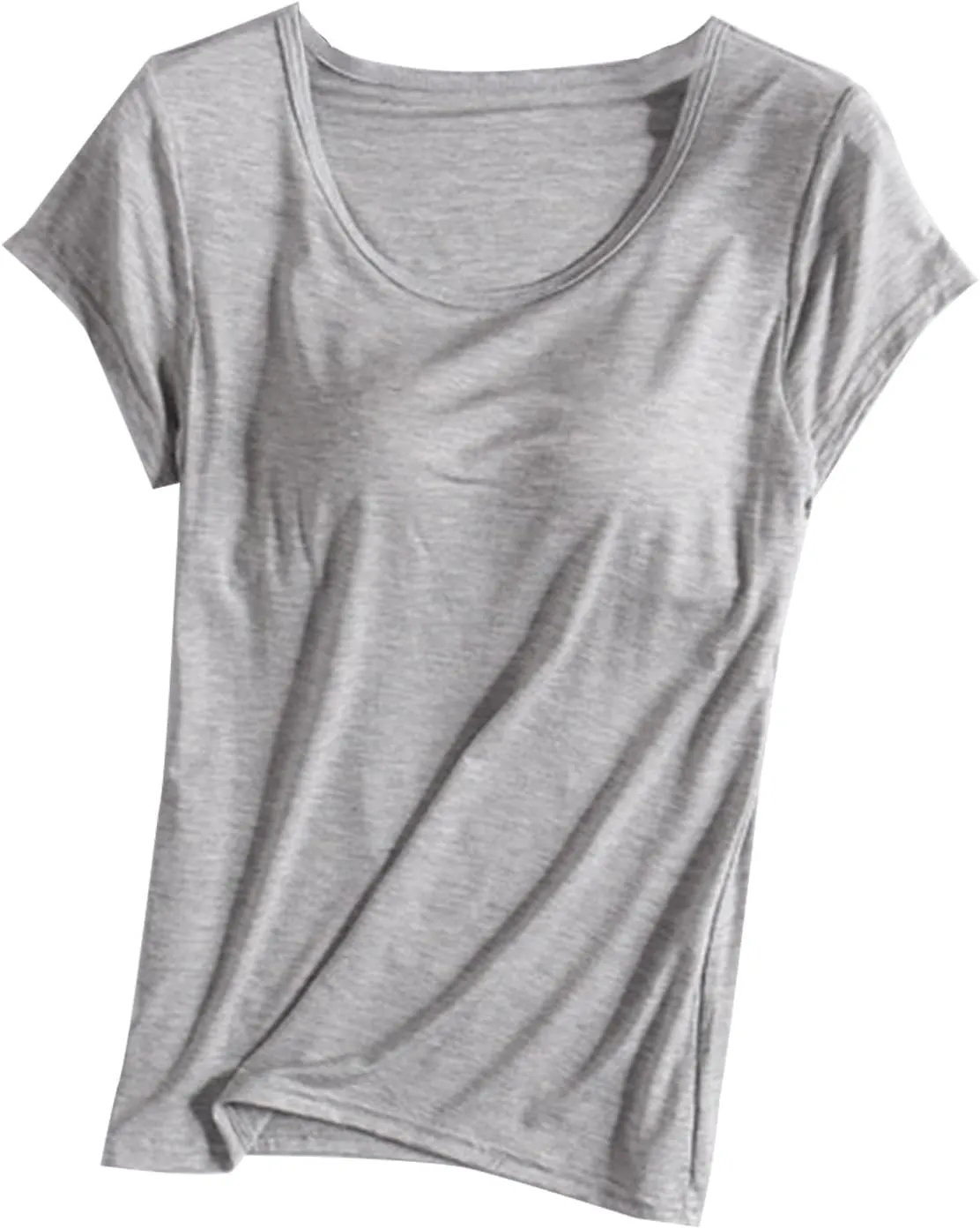 Womens T Shirts with Built in Bras Padded Short Sleeve Tops Crew Neck Wireless Shelf Bra Shirts Casual Workout Tops