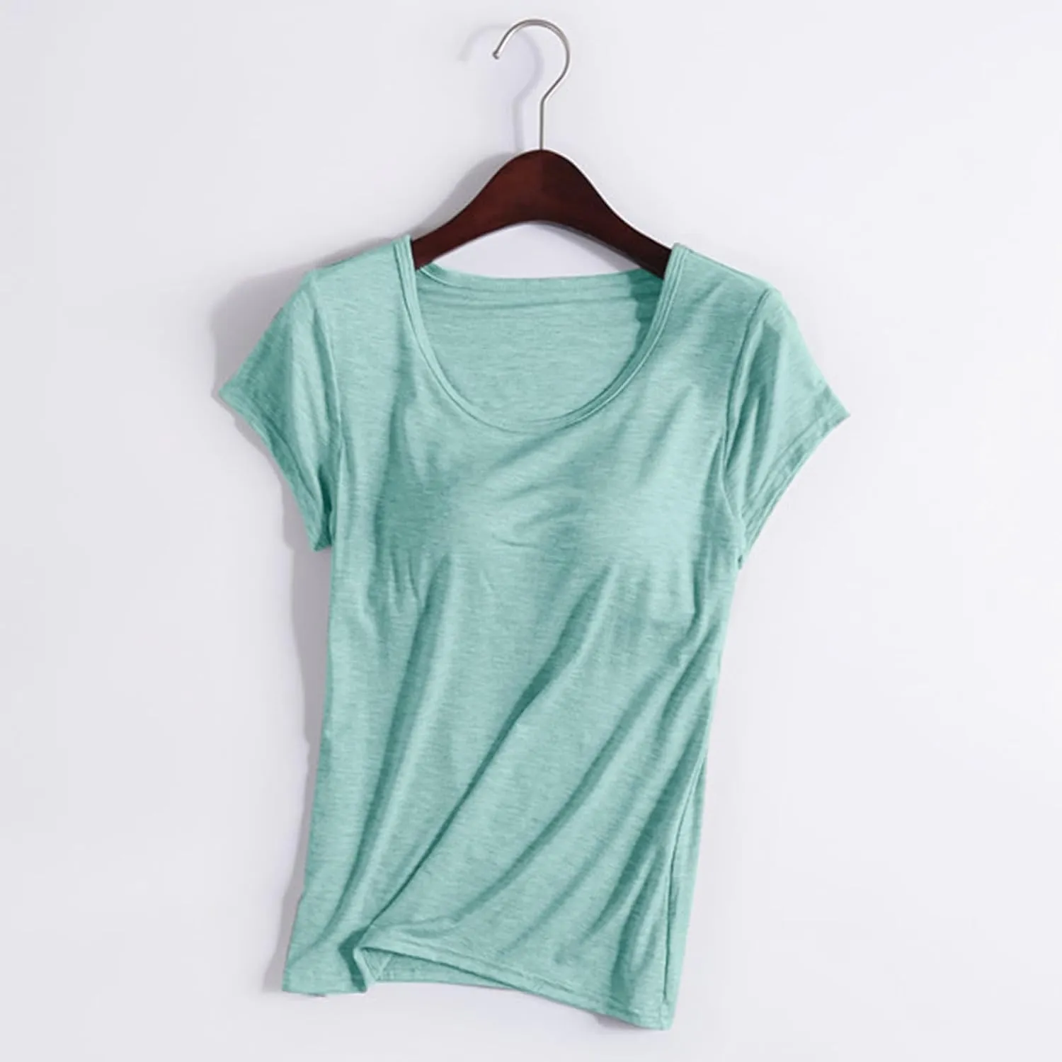 Womens T Shirts with Built in Bras Padded Short Sleeve Tops Crew Neck Wireless Shelf Bra Shirts Casual Workout Tops