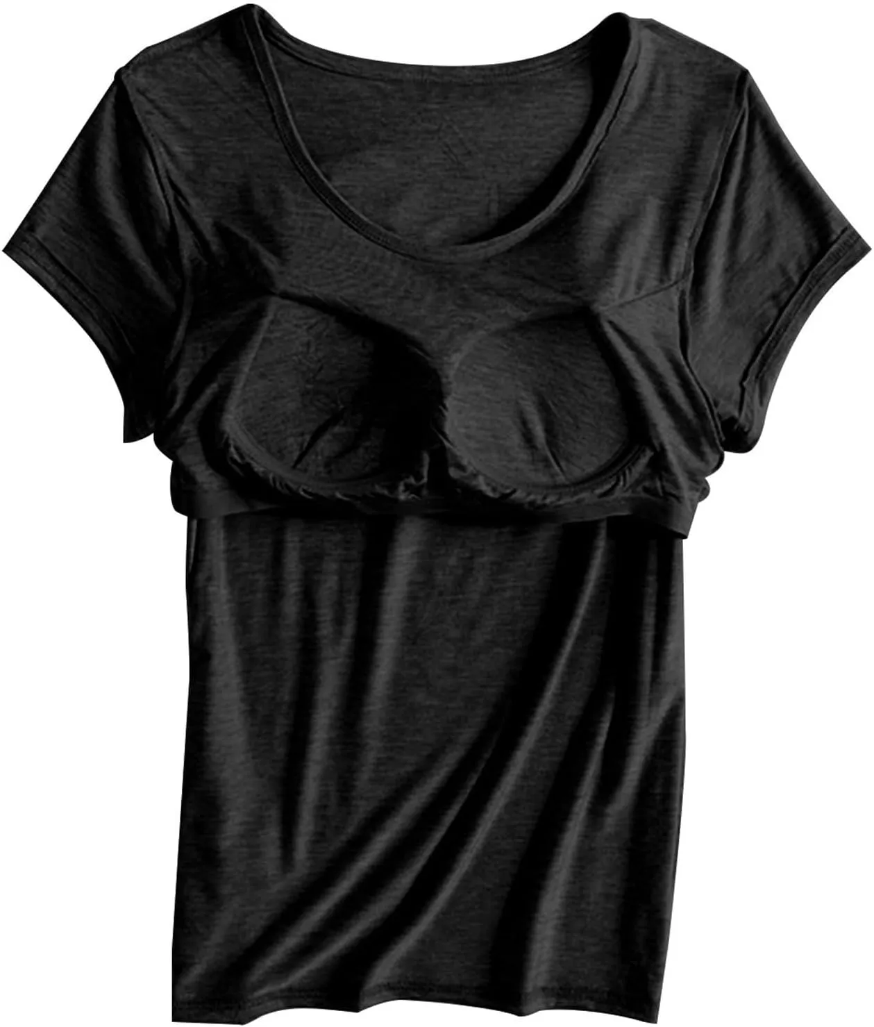 Womens T Shirts with Built in Bras Padded Short Sleeve Tops Crew Neck Wireless Shelf Bra Shirts Casual Workout Tops