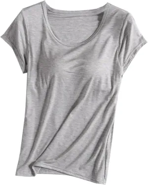 Womens T Shirts with Built in Bras Padded Short Sleeve Tops Crew Neck Wireless Shelf Bra Shirts Casual Workout Tops
