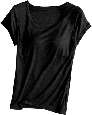 Womens T Shirts with Built in Bras Padded Short Sleeve Tops Crew Neck Wireless Shelf Bra Shirts Casual Workout Tops
