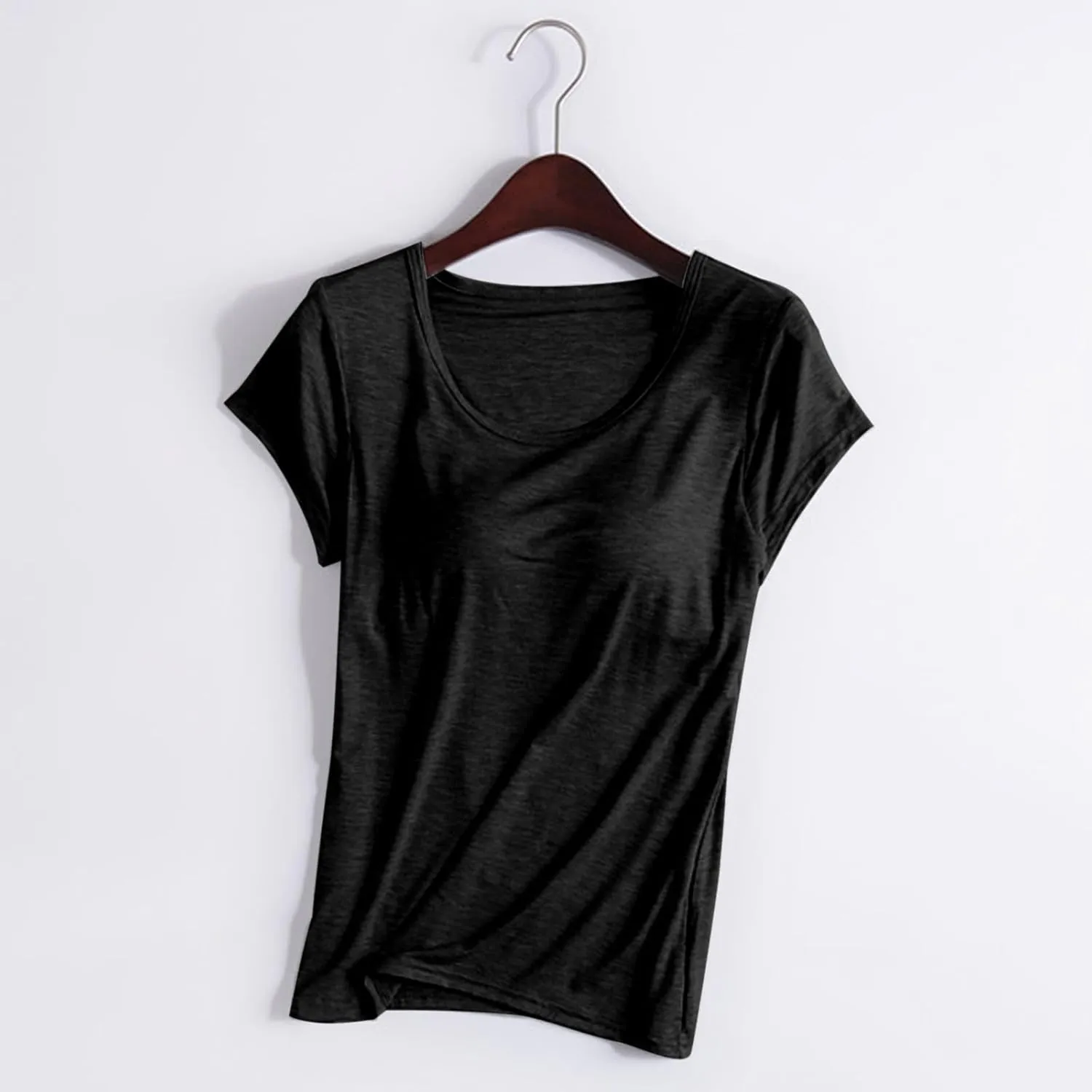 Womens T Shirts with Built in Bras Padded Short Sleeve Tops Crew Neck Wireless Shelf Bra Shirts Casual Workout Tops