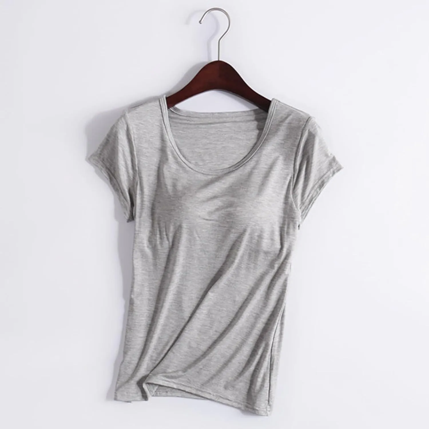 Womens T Shirts with Built in Bras Padded Short Sleeve Tops Crew Neck Wireless Shelf Bra Shirts Casual Workout Tops