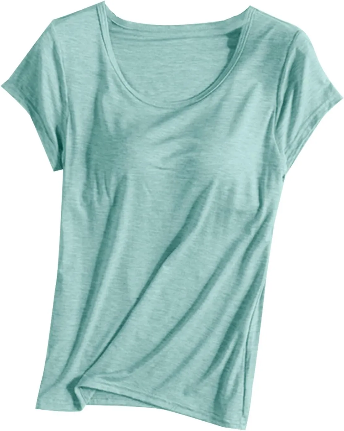 Womens T Shirts with Built in Bras Padded Short Sleeve Tops Crew Neck Wireless Shelf Bra Shirts Casual Workout Tops