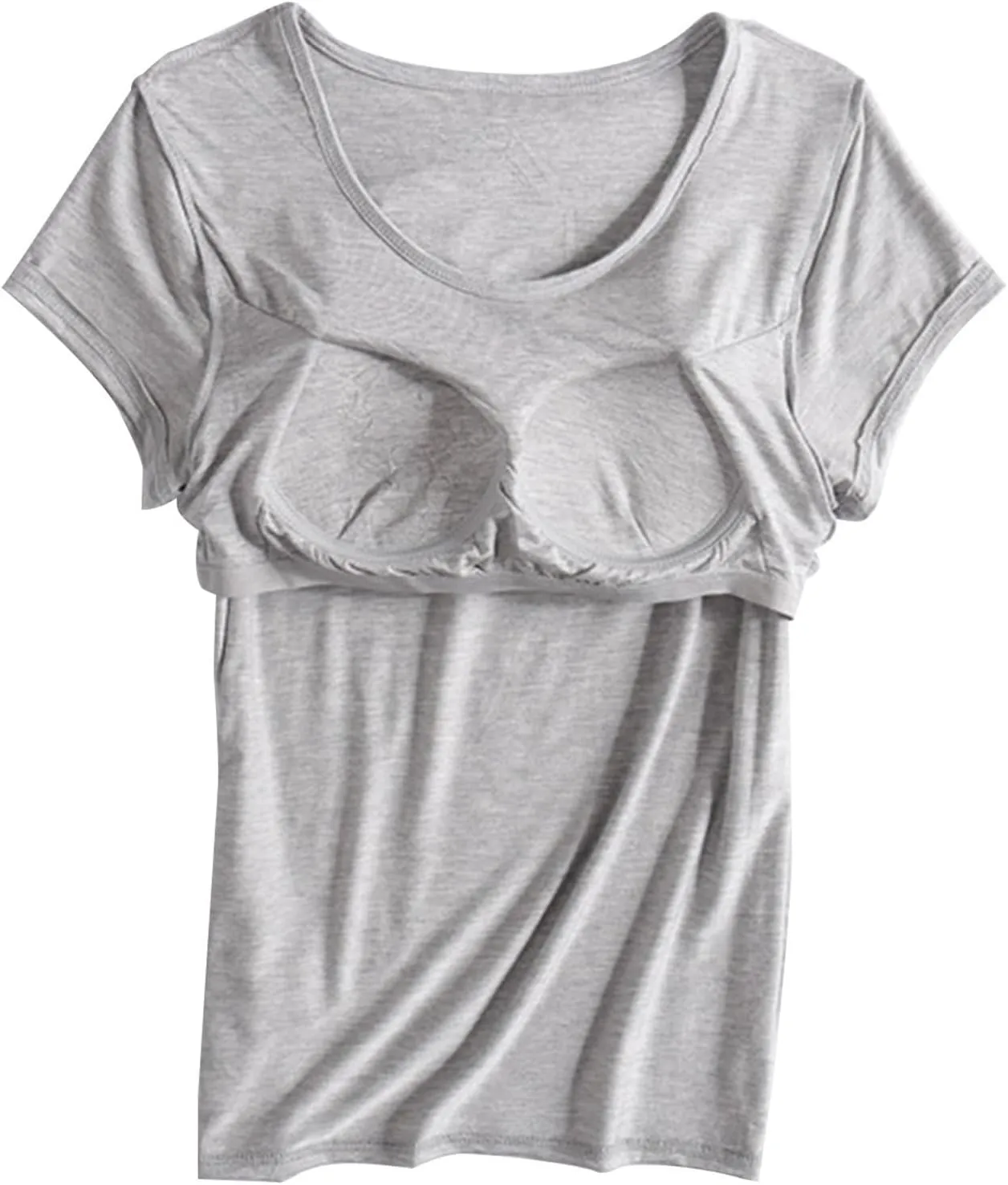 Womens T Shirts with Built in Bras Padded Short Sleeve Tops Crew Neck Wireless Shelf Bra Shirts Casual Workout Tops