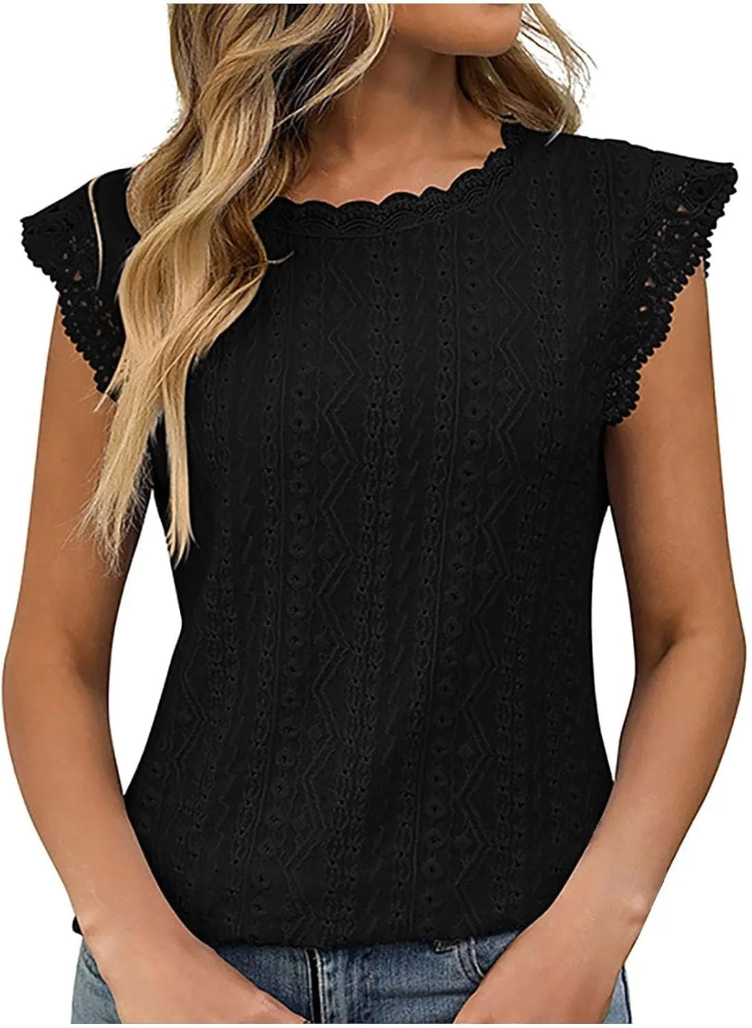 Womens Tank Tops Dressy Casual Eyelet Sleeveless Patchwork Lace Shirt Crewneck Hollow Out Fashion Summer Tank Top