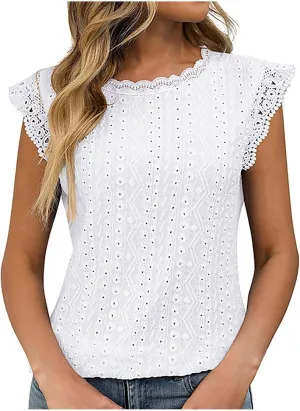 Womens Tank Tops Dressy Casual Eyelet Sleeveless Patchwork Lace Shirt Crewneck Hollow Out Fashion Summer Tank Top