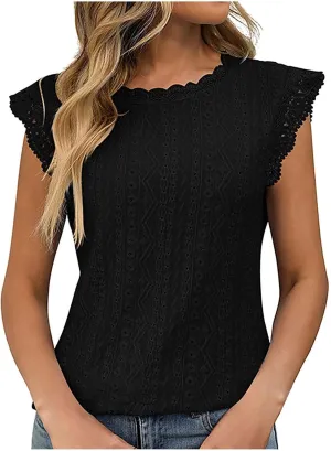 Womens Tank Tops Dressy Casual Eyelet Sleeveless Patchwork Lace Shirt Crewneck Hollow Out Fashion Summer Tank Top