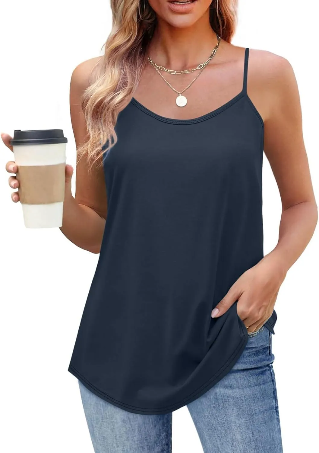 Womens Tank Tops Scoop Neck Spaghetti Strap Tank Top Loose Fit Camisole Sleeveless Summer Tops Trendy Vacation Outfits
