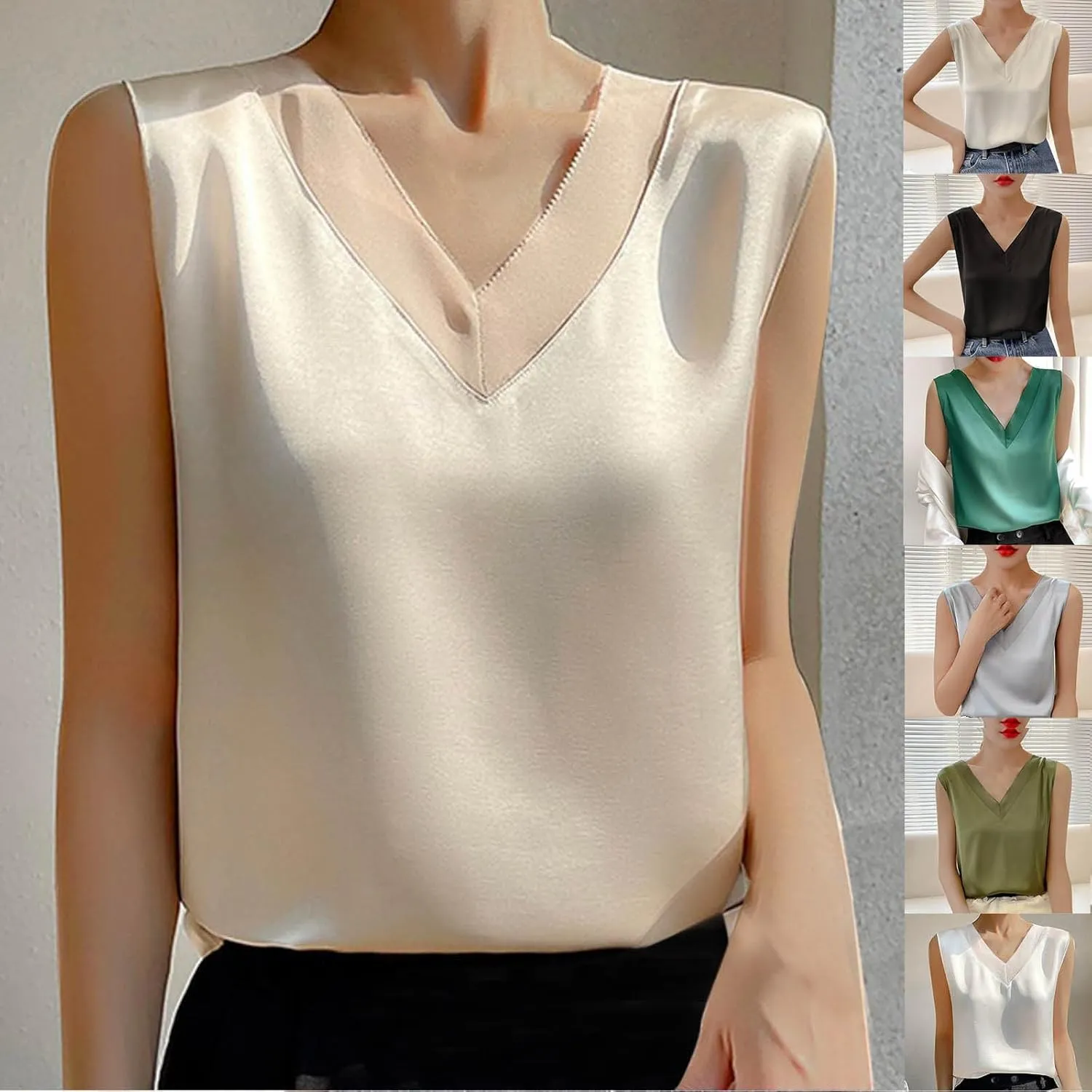 Womens Tank Tops V Neck Casual Silk Satin Cami Top Sleeveless Camisole Dressy Casual Blouses Summer Basic Tanks