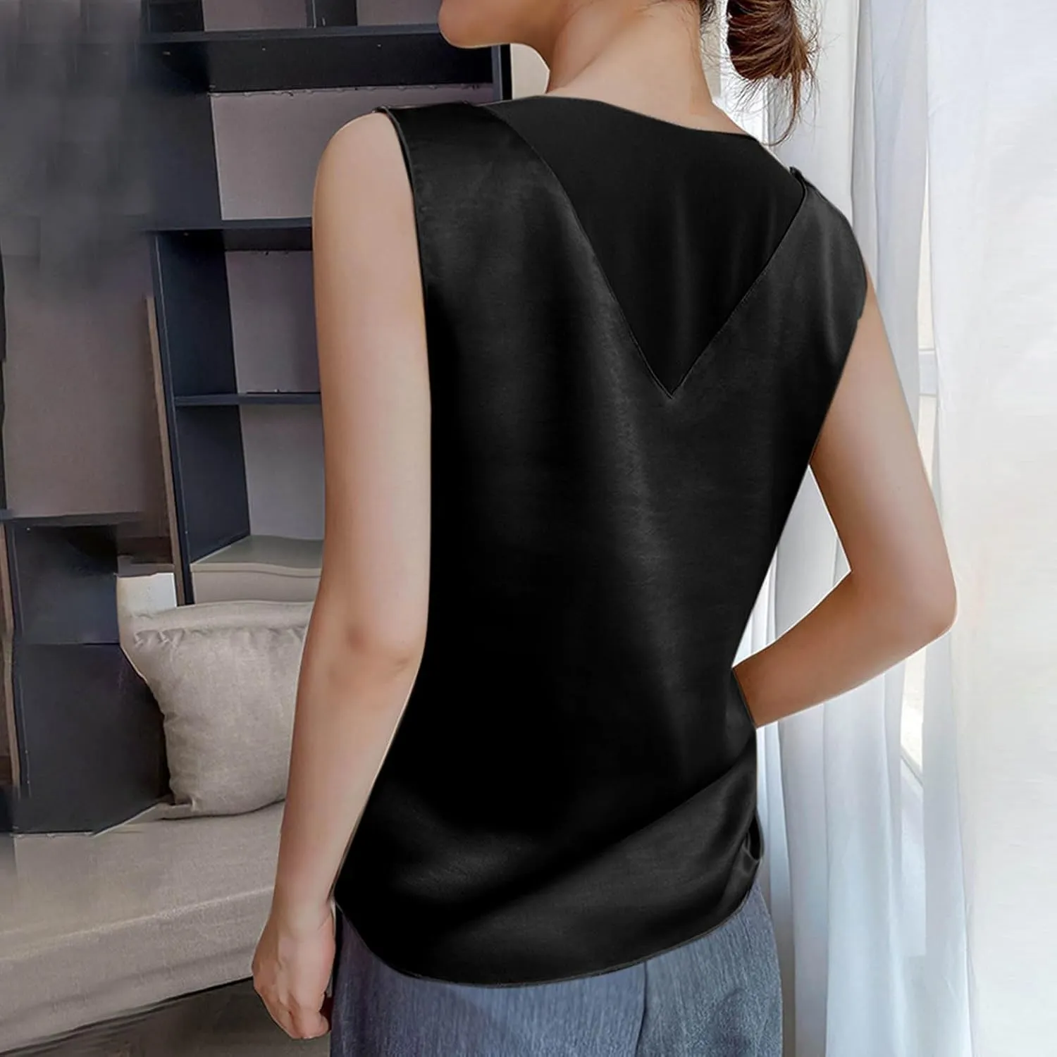 Womens Tank Tops V Neck Casual Silk Satin Cami Top Sleeveless Camisole Dressy Casual Blouses Summer Basic Tanks