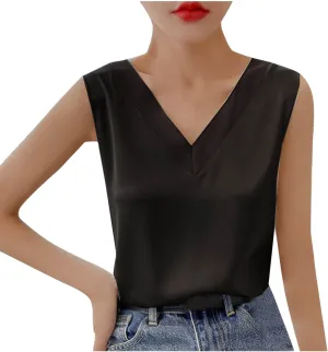 Womens Tank Tops V Neck Casual Silk Satin Cami Top Sleeveless Camisole Dressy Casual Blouses Summer Basic Tanks