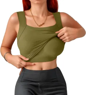 Womens Tank Tops with Built in Bra Workout Yoga Gym Cami Square Neck Sleeveless Low Cut Corset Sexy Under Wear Pajama