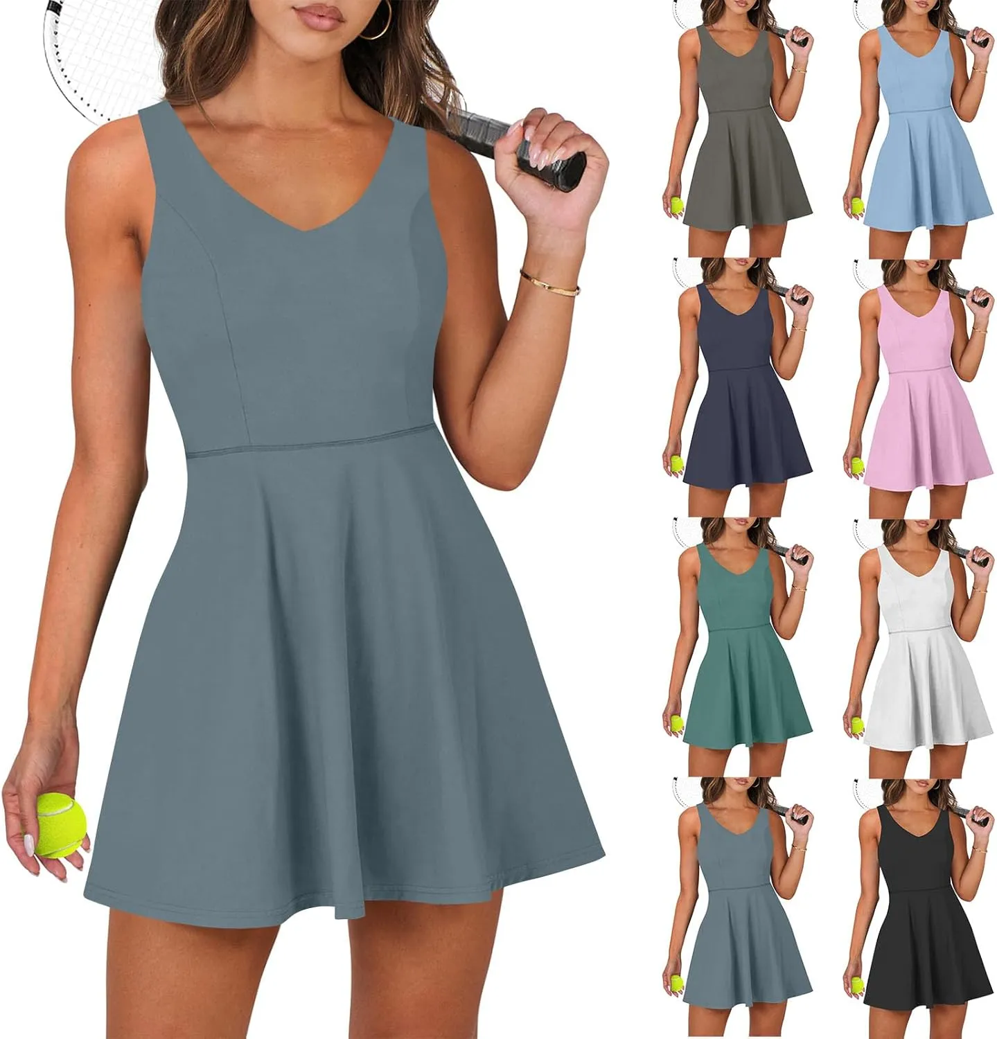 Womens Tennis Dress Summer Cross Tie Backless V Neck Tank Dresses Athletic Romper Dress with Shorts Underneath