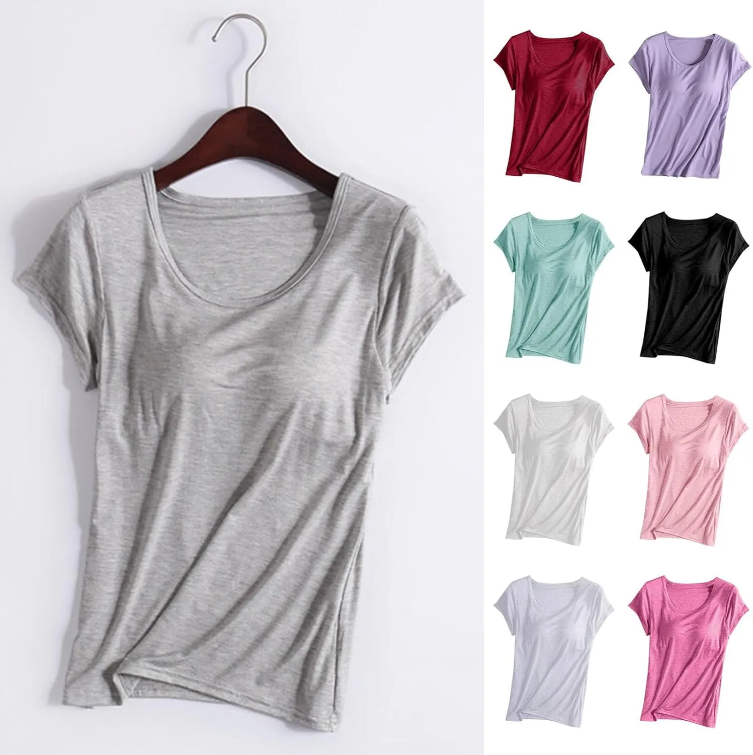 Womens Tops 2025 Summer Casual Short Sleeve T Shirts with Built in Bra Plus Size Basic Solid Yoga Athletic Tees Shirts