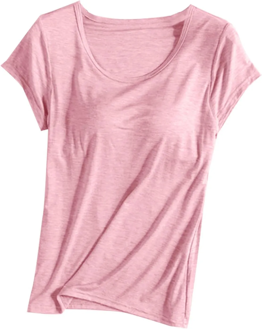Womens Tops 2025 Summer Casual Short Sleeve T Shirts with Built in Bra Plus Size Basic Solid Yoga Athletic Tees Shirts