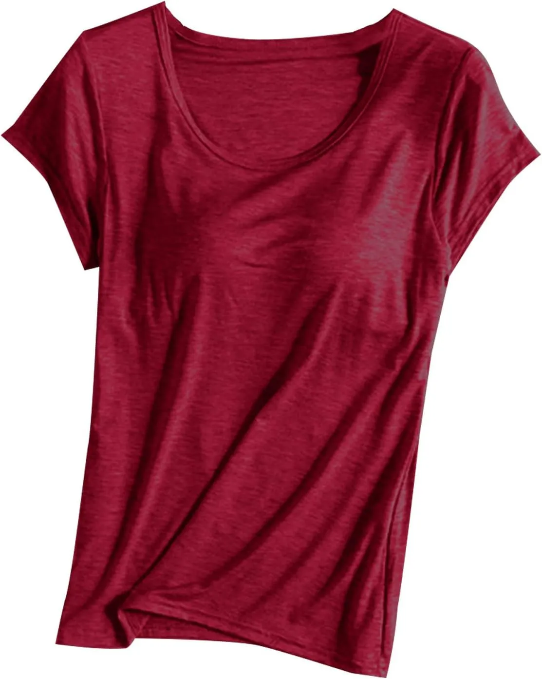 Womens Tops 2025 Summer Casual Short Sleeve T Shirts with Built in Bra Plus Size Basic Solid Yoga Athletic Tees Shirts