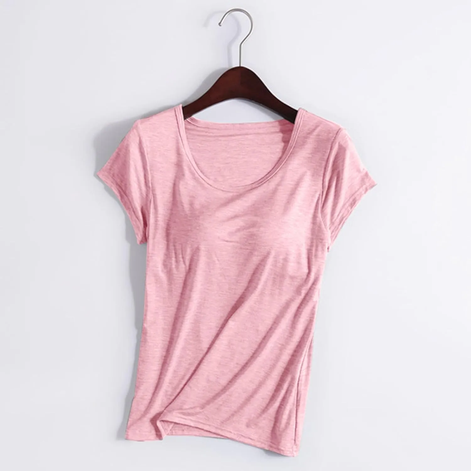 Womens Tops 2025 Summer Casual Short Sleeve T Shirts with Built in Bra Plus Size Basic Solid Yoga Athletic Tees Shirts