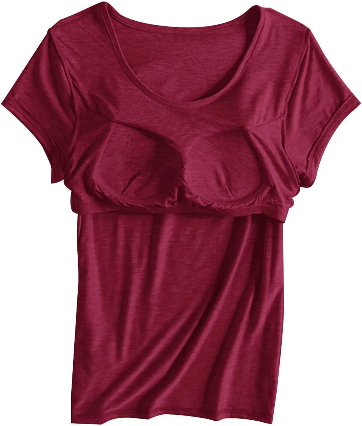 Womens Tops 2025 Summer Casual Short Sleeve T Shirts with Built in Bra Plus Size Basic Solid Yoga Athletic Tees Shirts