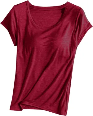 Womens Tops 2025 Summer Casual Short Sleeve T Shirts with Built in Bra Plus Size Basic Solid Yoga Athletic Tees Shirts