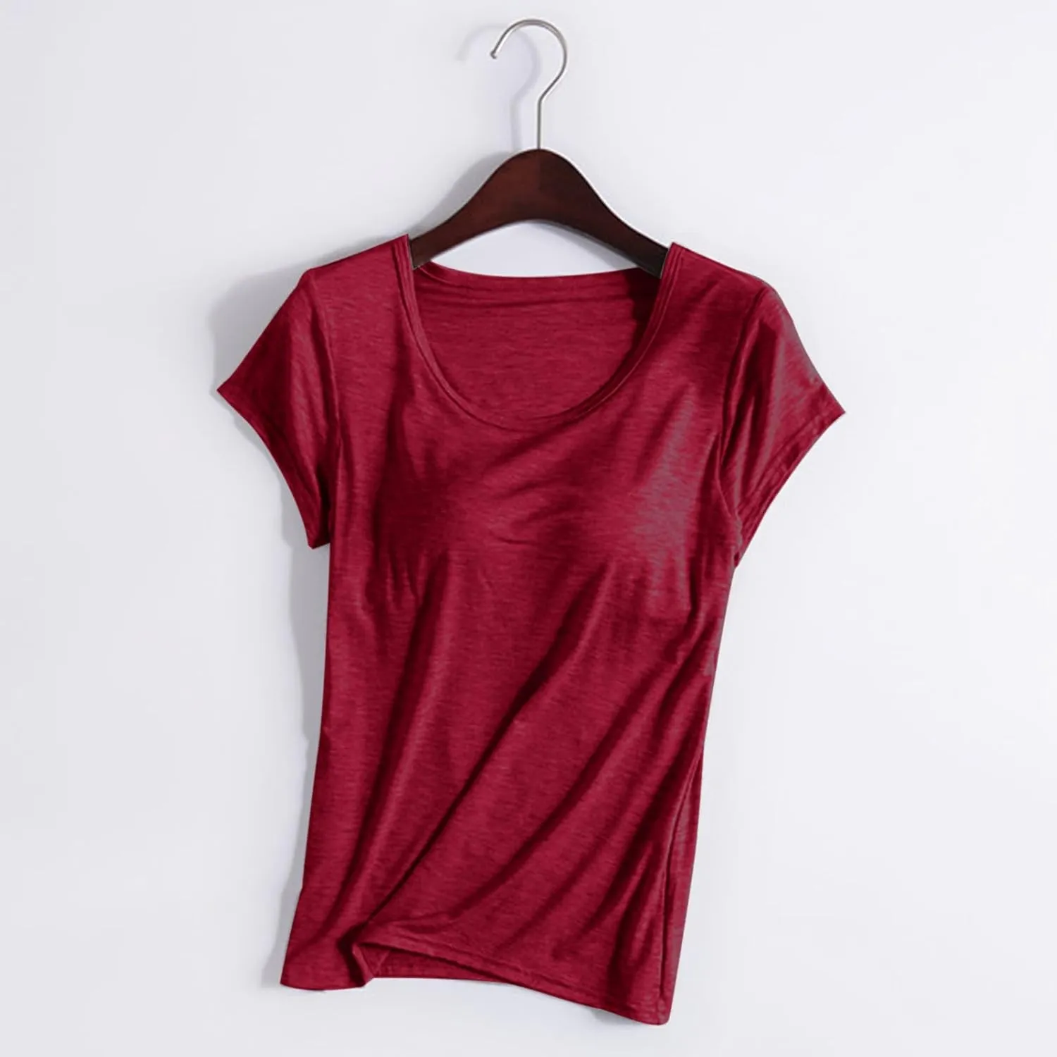 Womens Tops 2025 Summer Casual Short Sleeve T Shirts with Built in Bra Plus Size Basic Solid Yoga Athletic Tees Shirts