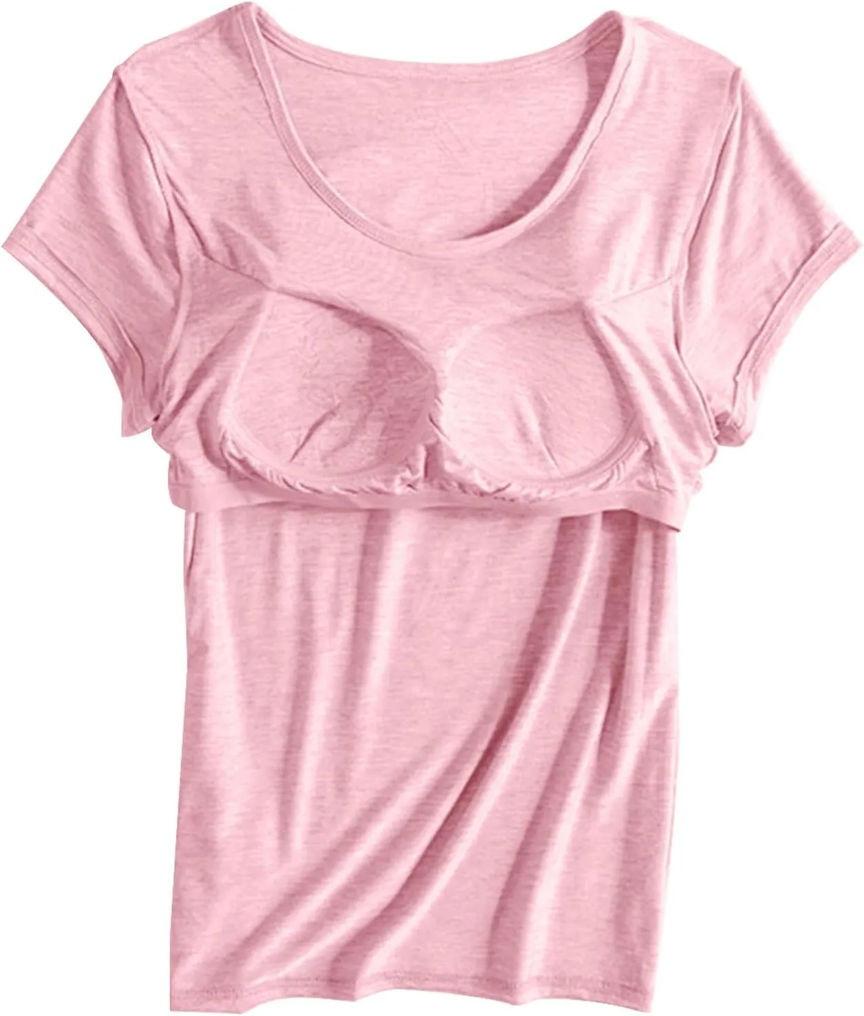 Womens Tops 2025 Summer Casual Short Sleeve T Shirts with Built in Bra Plus Size Basic Solid Yoga Athletic Tees Shirts
