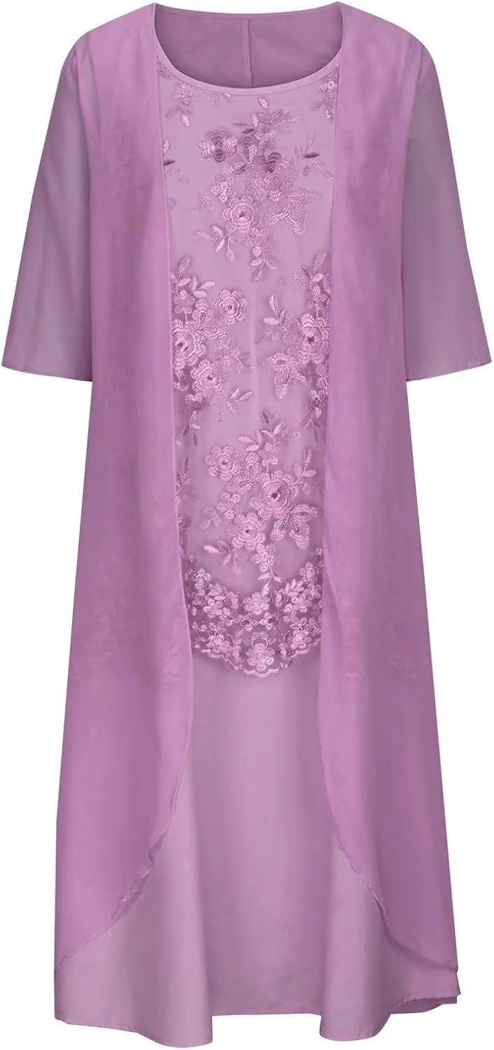 Womens Two-Piece Set Floral Print Midi Sleeveless Dress with Cardigan Chiffon Flowy Plus Size Wedding Guest Dresses