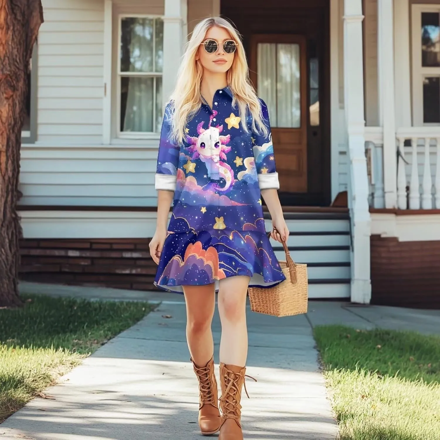 Women's V Neck Long Sleeve Shirt Dress Button Down Tunic Mini Shirt Dress with Pocket