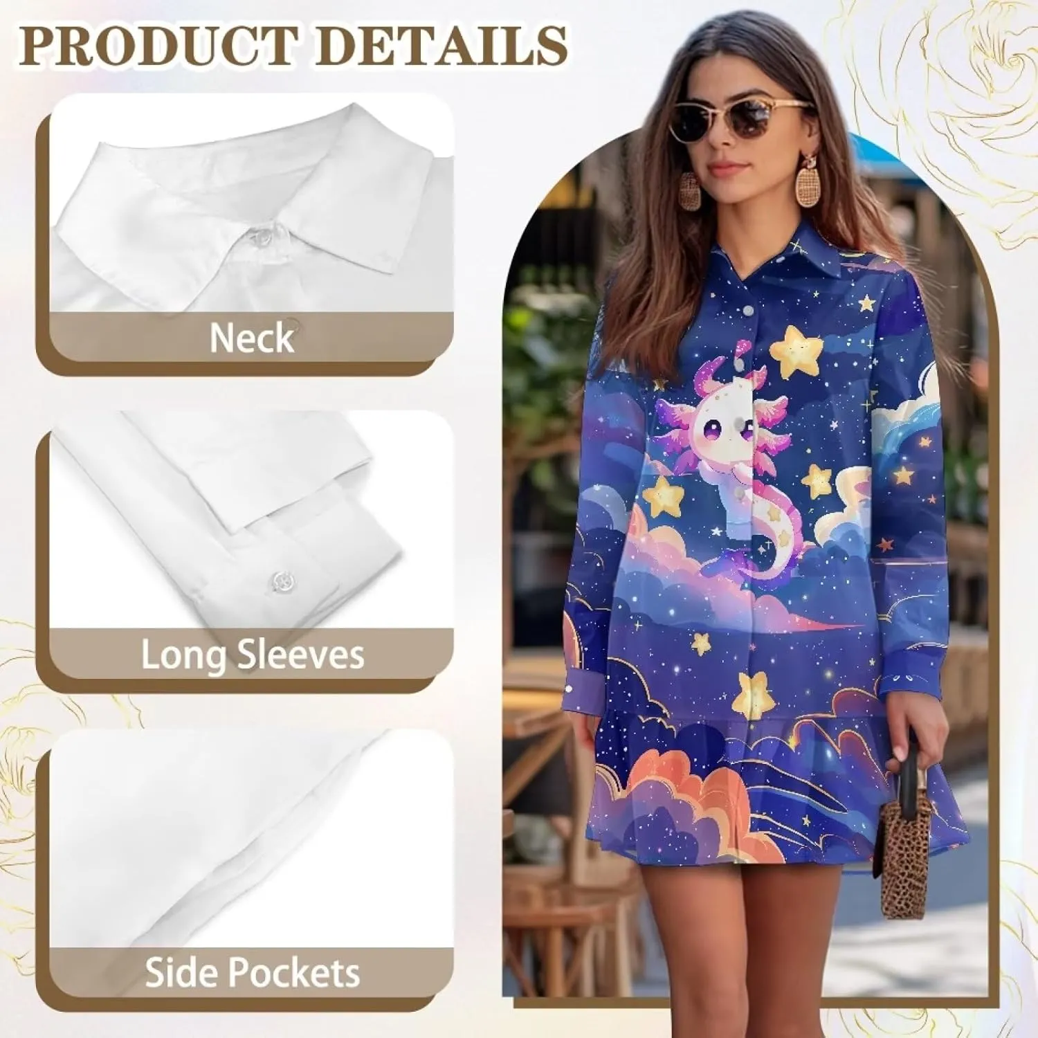 Women's V Neck Long Sleeve Shirt Dress Button Down Tunic Mini Shirt Dress with Pocket
