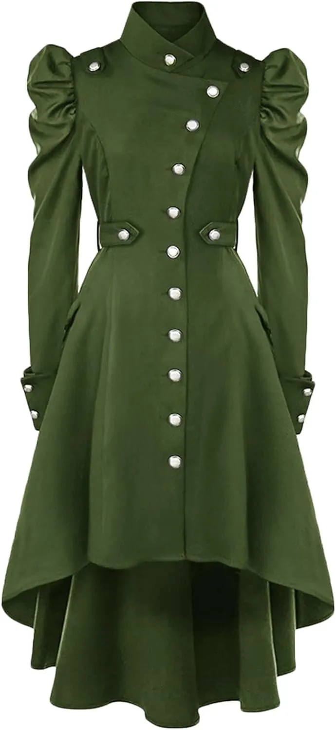 Womens Vintage Steampunk Long Coat Gothic Overcoat Ladies Retro Jacket Windbreaker Long Sleeve Button Down Trench Coat