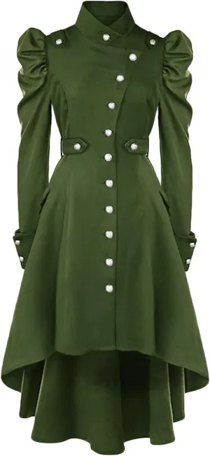 Womens Vintage Steampunk Long Coat Gothic Overcoat Ladies Retro Jacket Windbreaker Long Sleeve Button Down Trench Coat