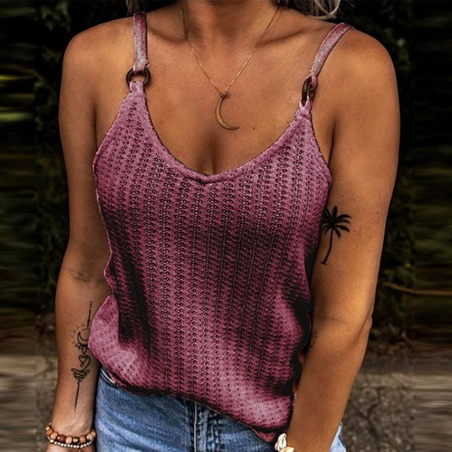 Women's Waffle Plaid Solid Camisole Spaghetti Strap Splicing Loop Tank Casual Round Neck Top Comfy Loose Shirt