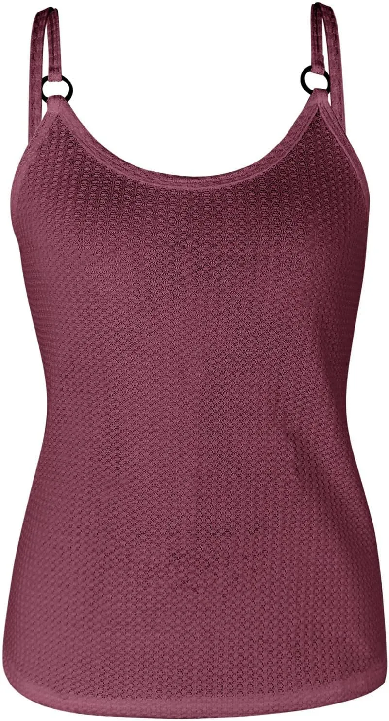 Women's Waffle Plaid Solid Camisole Spaghetti Strap Splicing Loop Tank Casual Round Neck Top Comfy Loose Shirt