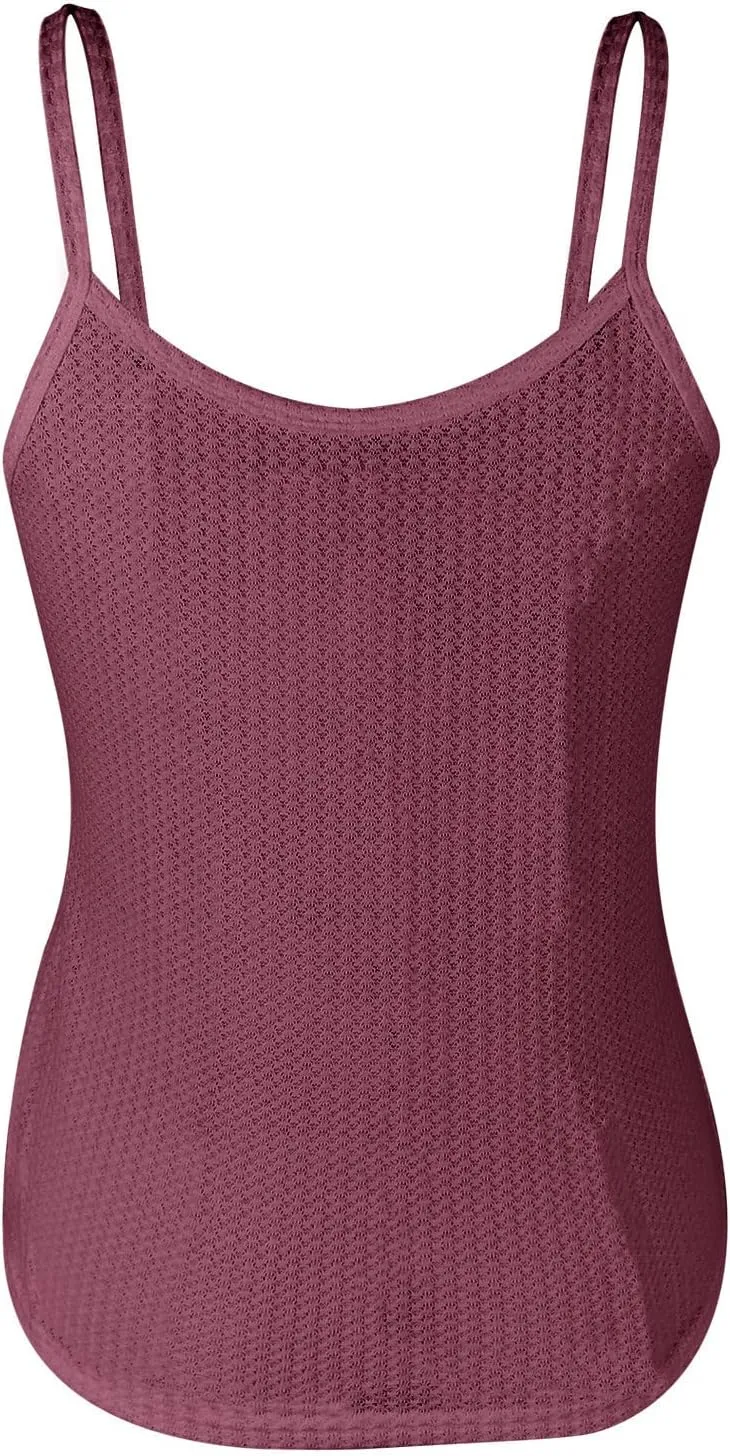 Women's Waffle Plaid Solid Camisole Spaghetti Strap Splicing Loop Tank Casual Round Neck Top Comfy Loose Shirt